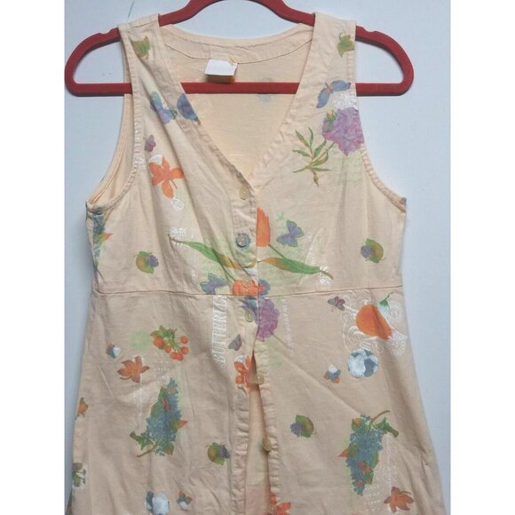 Stamp Maxi Dress Sz M Art-To-wear floral butterfly words button-up USA Resort - Picture 3 of 13